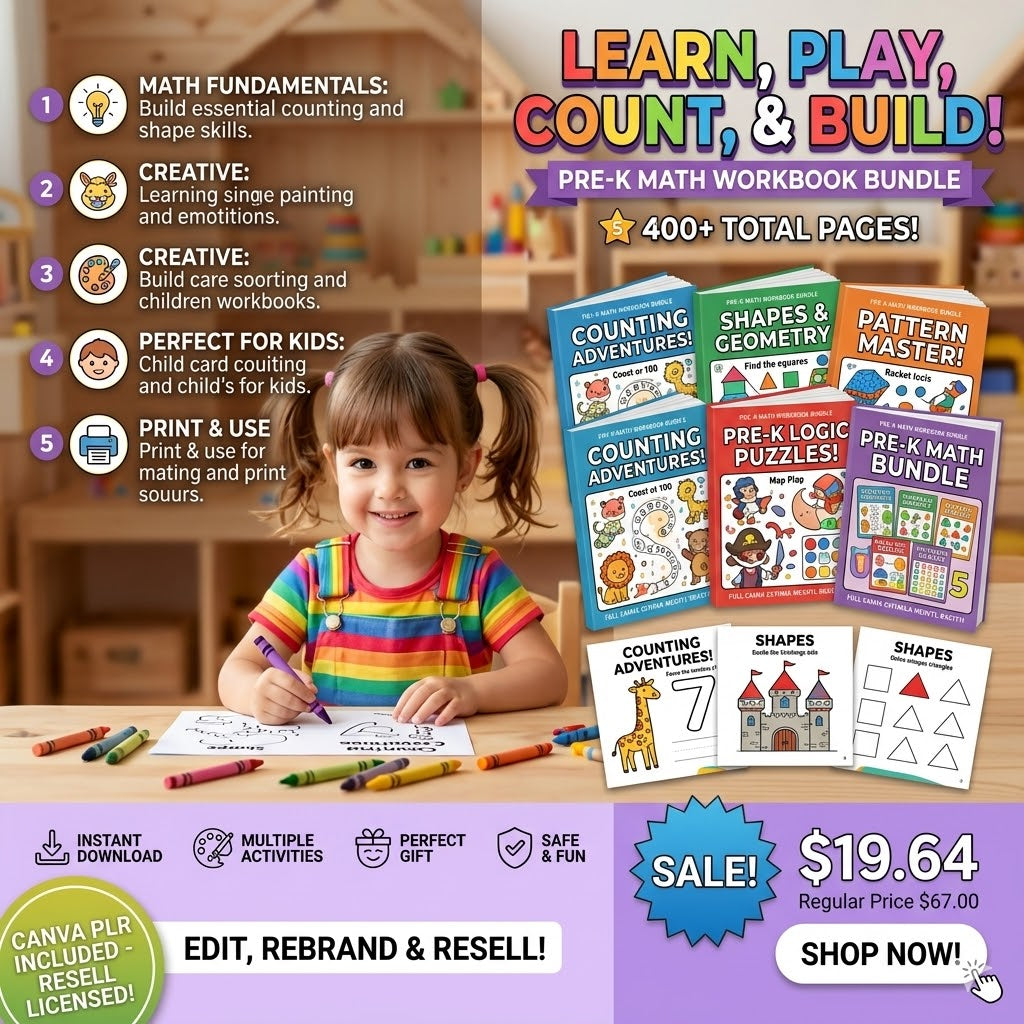 Ultimate Pre-K Math & Logic Bundle (400+ Pages) – Printable Workbooks with Commercial Resell Rights